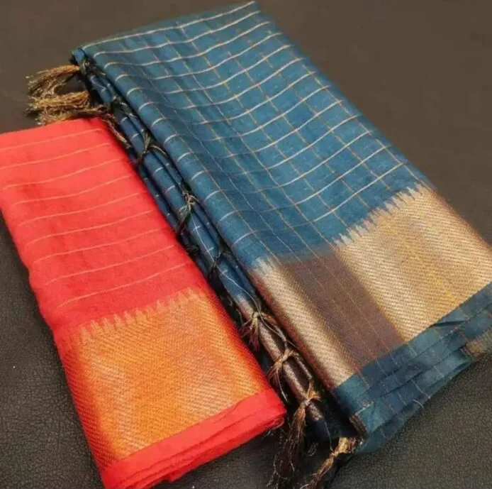 Mangalagiri Kota Silk Saree with check weaving design and temple border