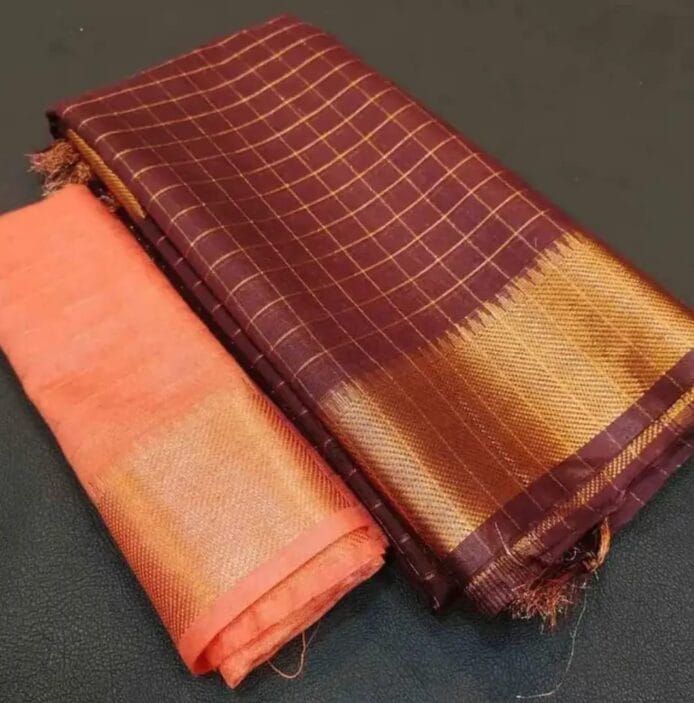 Mangalagiri Kota Silk Saree with check weaving design and temple border