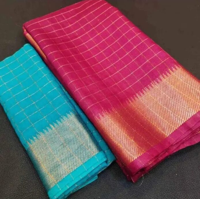 Mangalagiri Kota Silk Saree with check weaving design and temple border