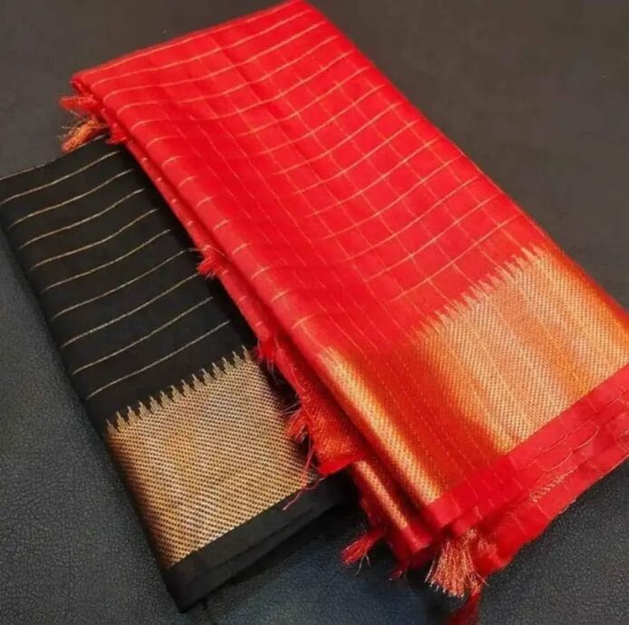 Mangalagiri Kota Silk Saree with check weaving design and temple border