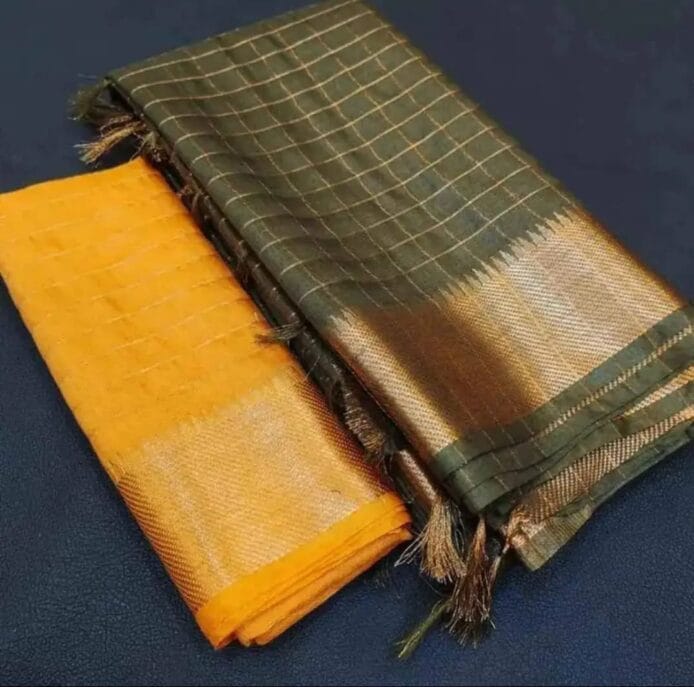 Mangalagiri Kota Silk Saree with check weaving design and temple border