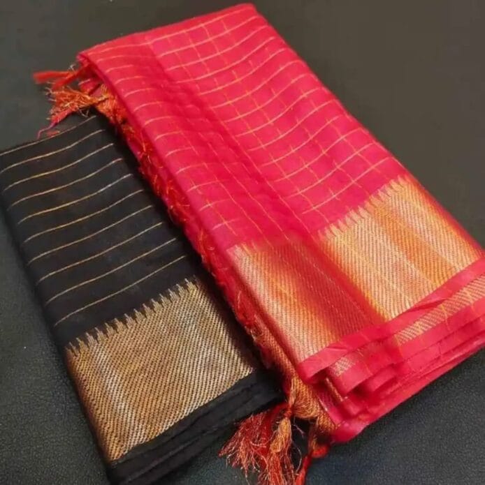 Mangalagiri Kota Silk Saree with check weaving design and temple border