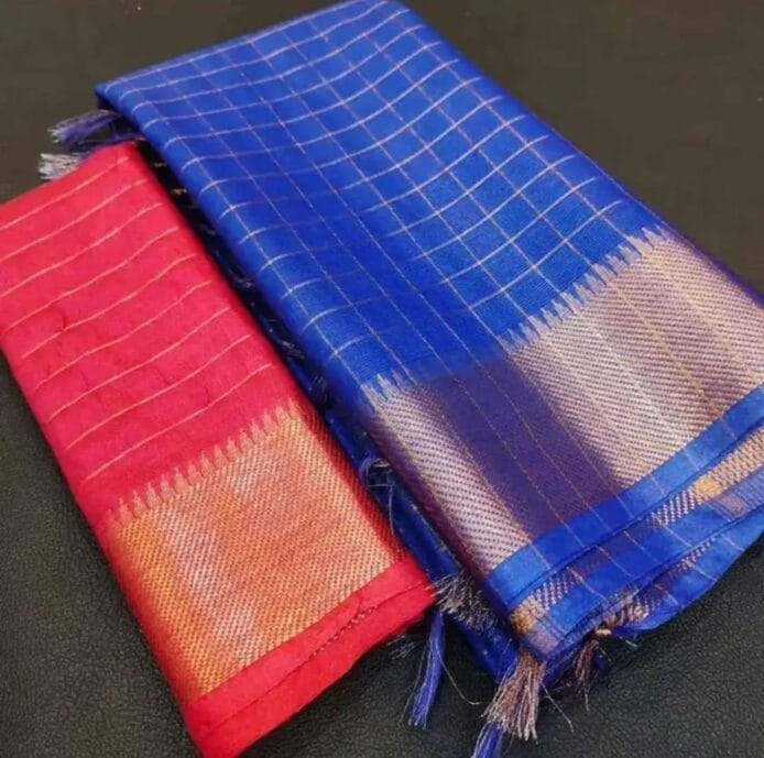 Mangalagiri Kota Silk Saree with check weaving design and temple border