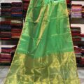 Tissue Linen Saree Golden Zari Border with Model and Some saree in background