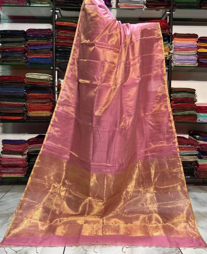 Tissue Linen Saree Golden Zari Border with Model and Some saree in background