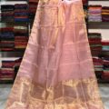 Tissue Linen Saree Golden Zari Border with Model and Some saree in background