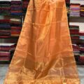 Tissue Linen Saree Golden Zari Border with Model and Some saree in background