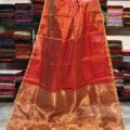Tissue Linen Saree Golden Zari Border with Model and Some saree in background