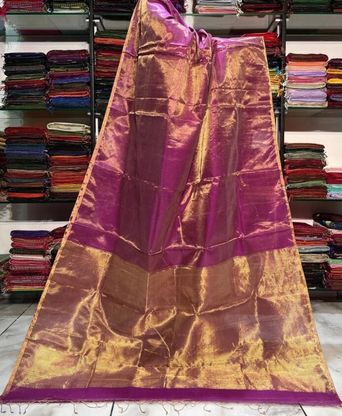 Tissue Linen Saree Golden Zari Border with Model and Some saree in background