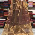 Tissue Linen Saree Golden Zari Border with Model and Some saree in background
