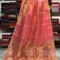 Tissue Linen Saree Golden Zari Border with Model and Some saree in background