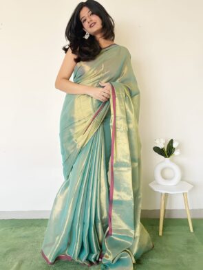 Pure Linen Tissue Sarees with Model and Table pot in picture