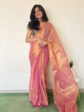 Pure Linen Tissue Sarees with Model and Table pot in picture