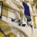 Elegant Linen Kerala Saree with Woven Zari Checks & Contrast Blouse – Eco-Friendly Kerala Sarees Online