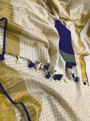 Elegant Linen Kerala Saree with Woven Zari Checks & Contrast Blouse – Eco-Friendly Kerala Sarees Online