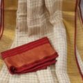 Off-White Linen Check Saree with Red Blouse
