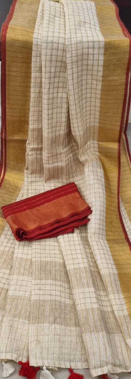 Off-White Linen Check Saree with Red Blouse