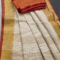 Off-White Linen Check Saree with Red Blouse