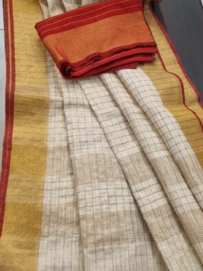 Off-White Linen Check Saree with Red Blouse