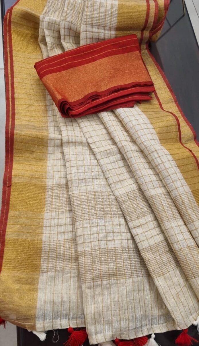 Off-White Linen Check Saree with Red Blouse