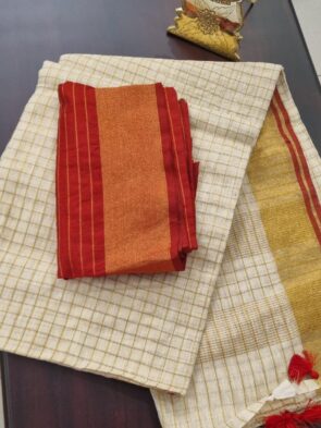 Off-White Linen Check Saree with Red Blouse