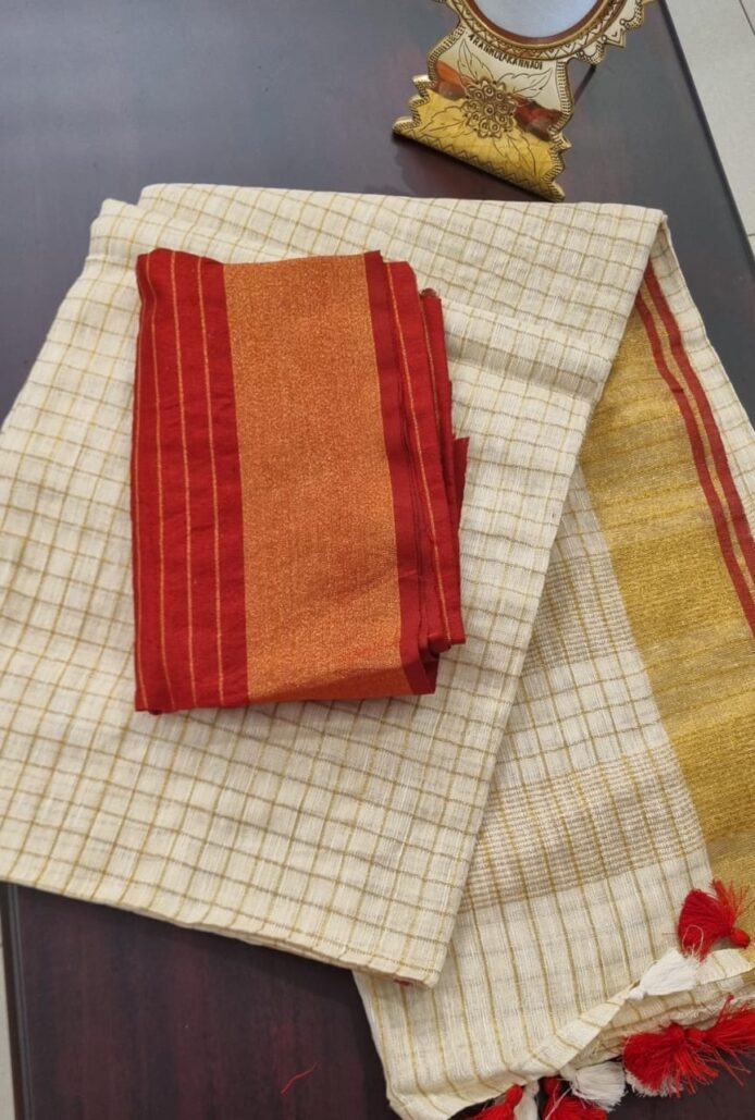 Off-White Linen Check Saree with Red Blouse