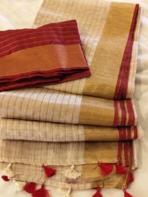 Light Silk Linen Onam Saree with Zari Checks & Red Contrast Blouse