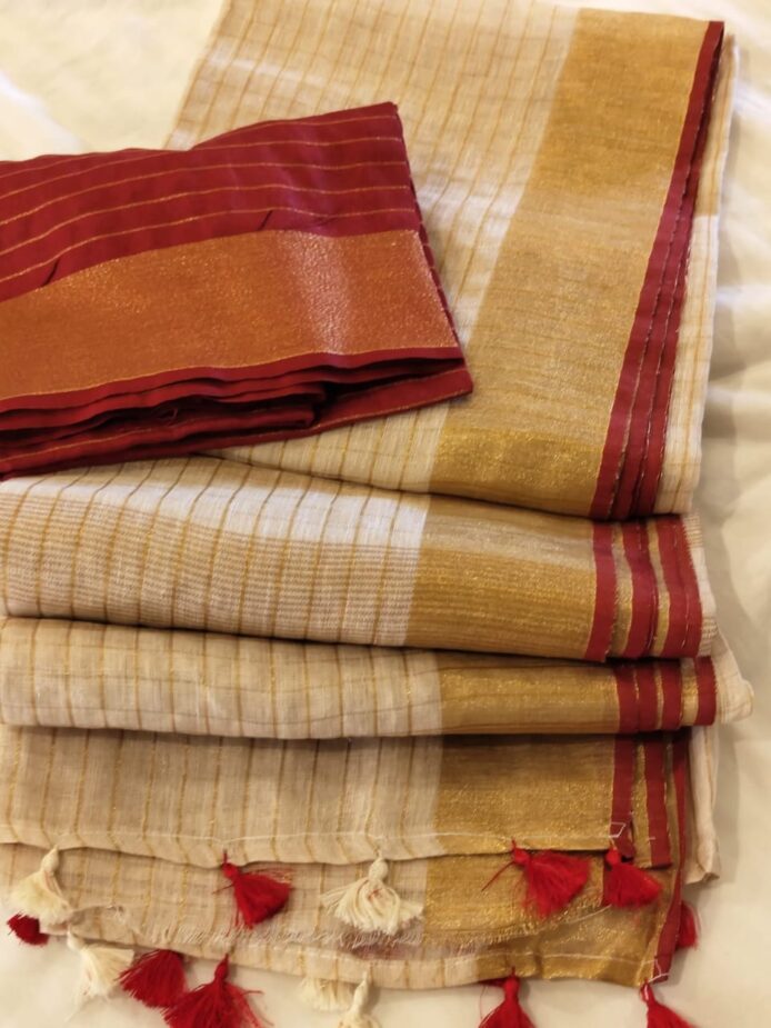 Light Silk Linen Onam Saree with Zari Checks & Red Contrast Blouse