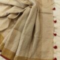 Light Silk Linen Onam Saree with Zari Checks & Red Contrast Blouse