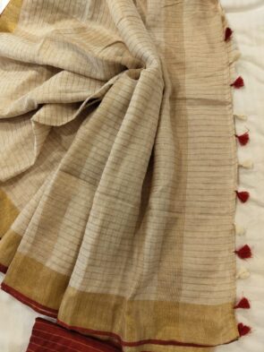Light Silk Linen Onam Saree with Zari Checks & Red Contrast Blouse