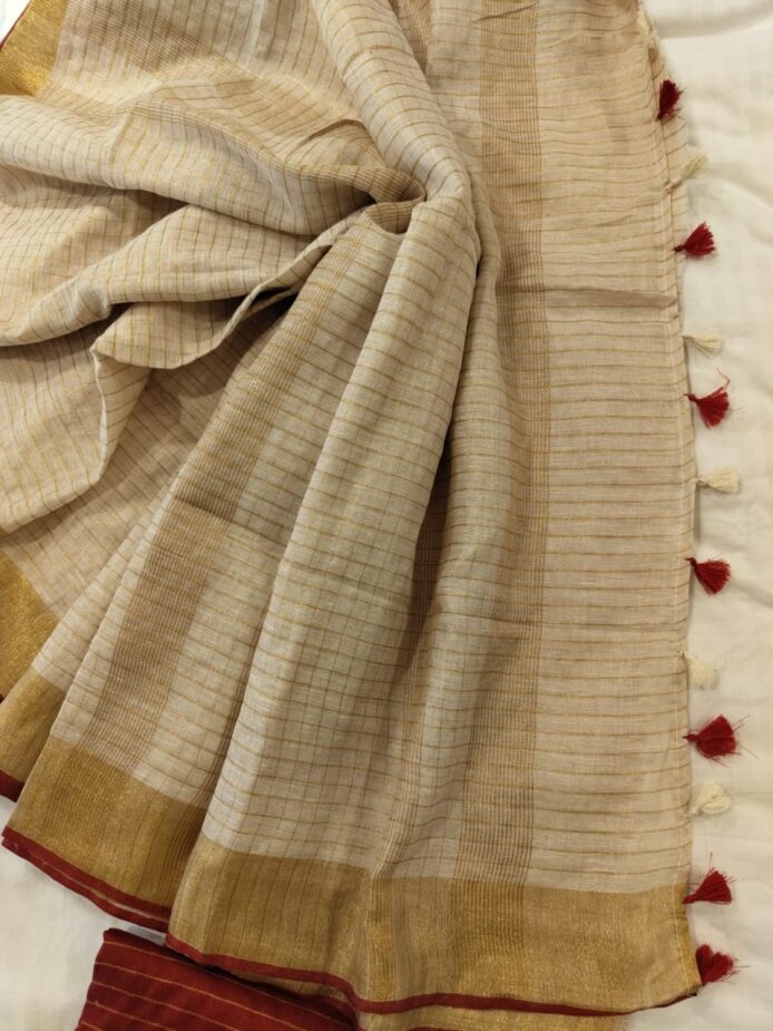 Light Silk Linen Onam Saree with Zari Checks & Red Contrast Blouse