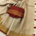 Light Silk Linen Onam Saree with Zari Checks & Red Contrast Blouse