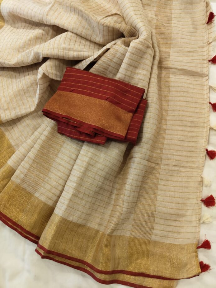 Light Silk Linen Onam Saree with Zari Checks & Red Contrast Blouse