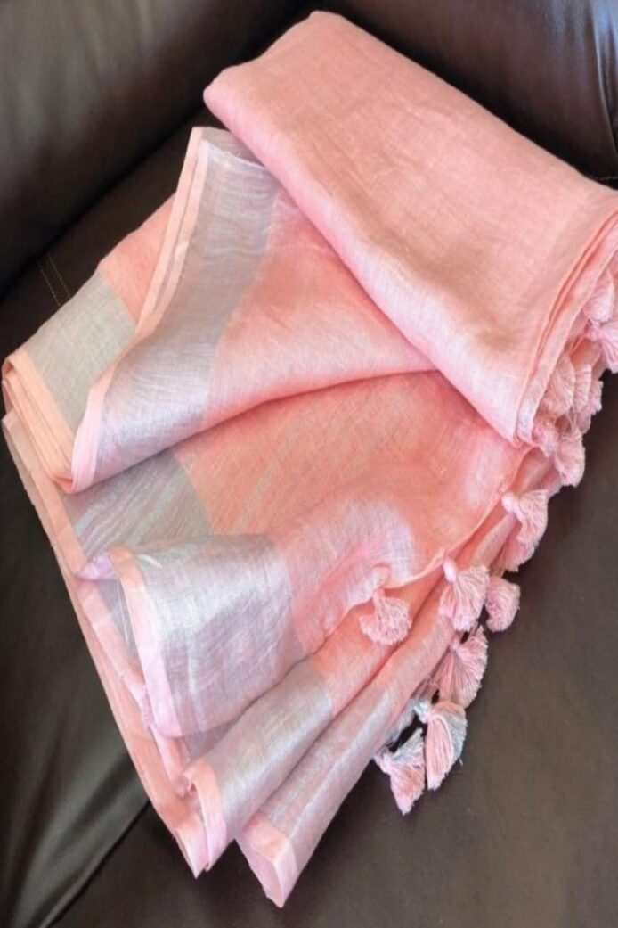 Handloom Woven Linen Sarees Online - Peach