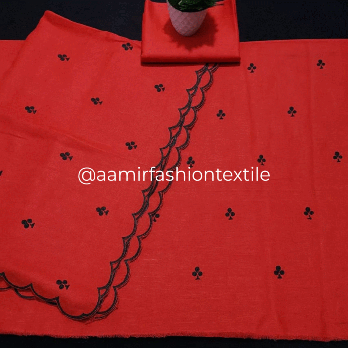 Linen Dress Material for Ladies with Scallop Cutwork Dupatta – Elegant Embroidery Set
