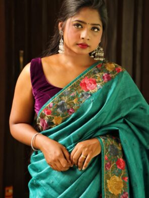 Handloom Tussar Silk Saree with Parsi Work – Pure Bhagalpuri Silk