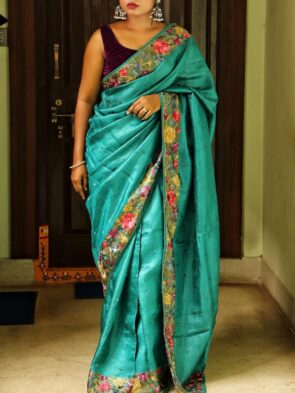 Handloom Tussar Silk Saree with Parsi Work – Pure Bhagalpuri Silk