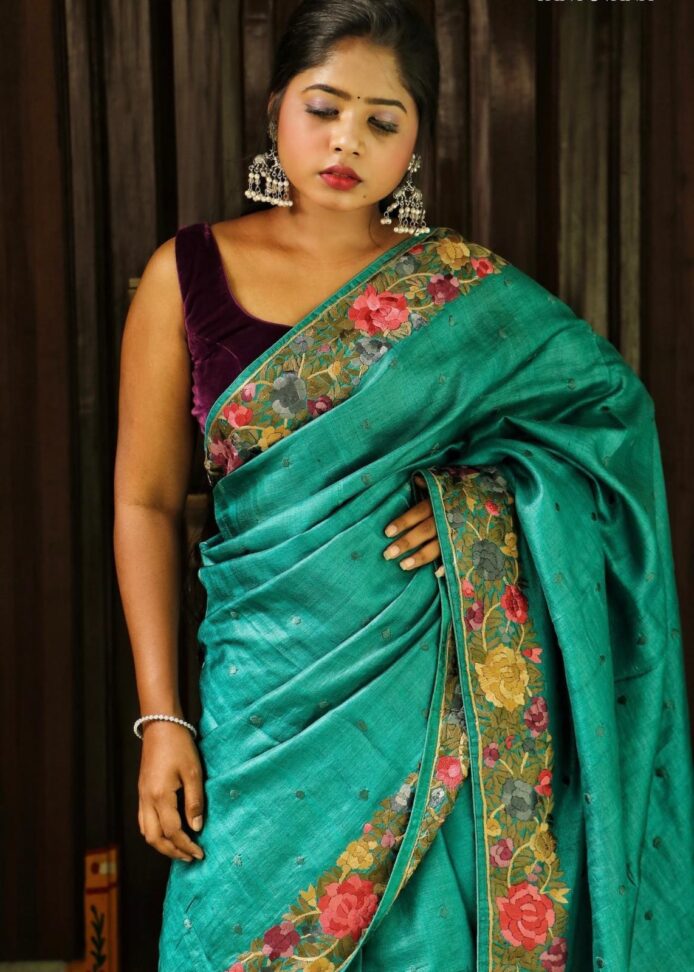 Handloom Tussar Silk Saree with Parsi Work – Pure Bhagalpuri Silk