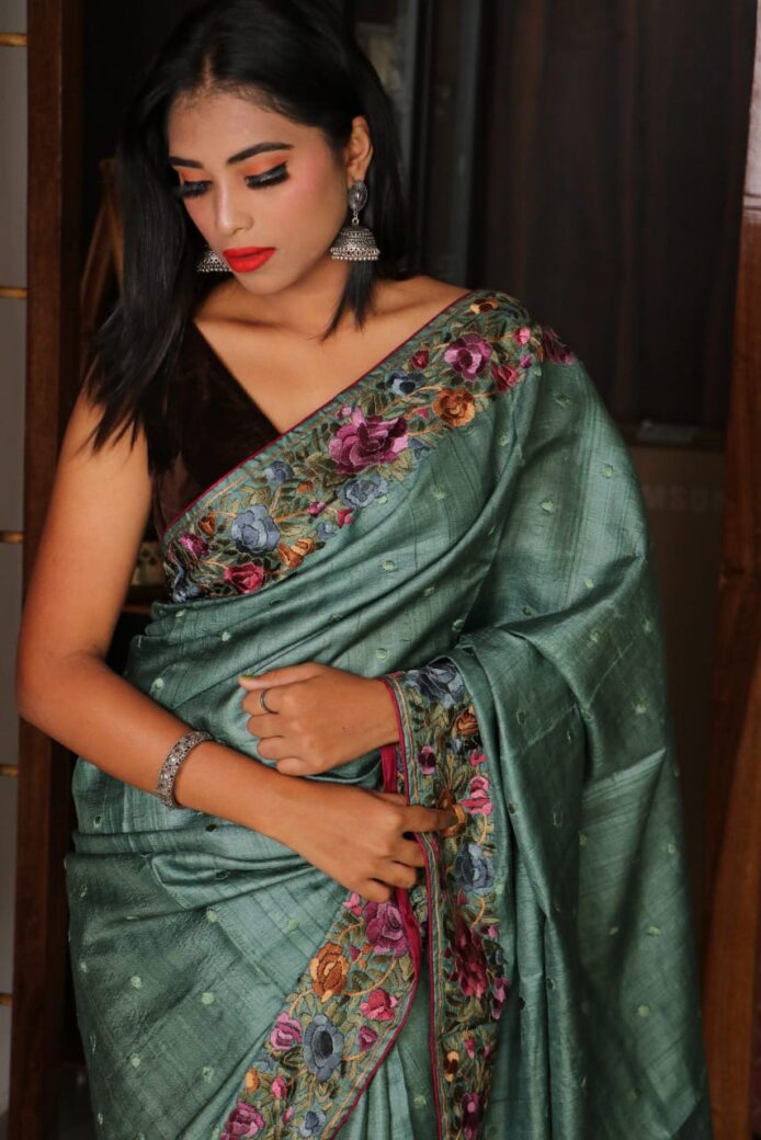 Pure Handloom Saree in Pure Tussar Silk – Parsi Hand Embroidery Work
