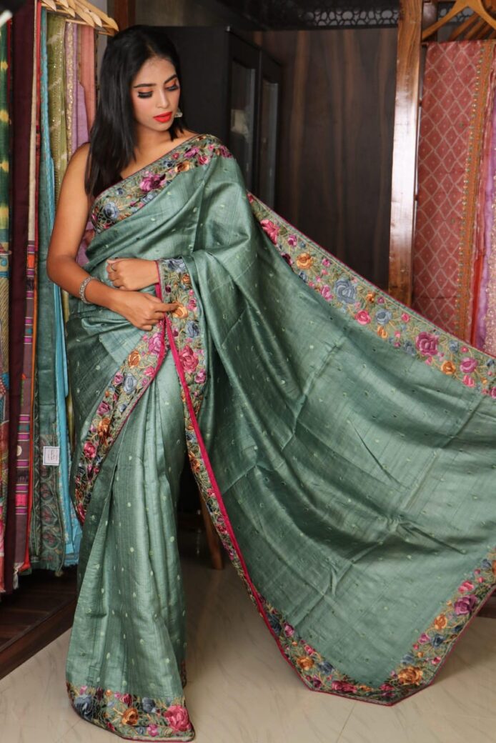 Pure Handloom Saree in Pure Tussar Silk – Parsi Hand Embroidery Work