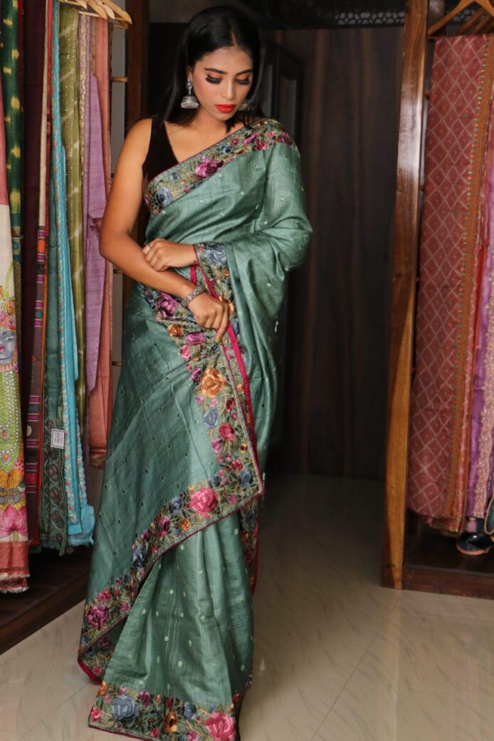 Pure Handloom Saree in Pure Tussar Silk – Parsi Hand Embroidery Work