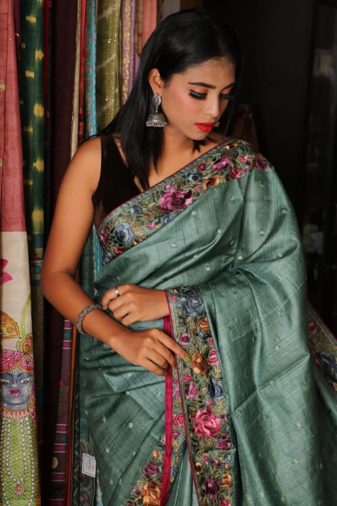 Pure Handloom Saree in Pure Tussar Silk – Parsi Hand Embroidery Work