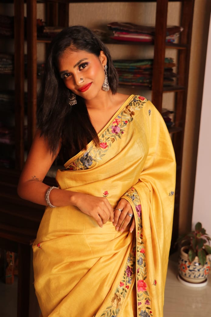 Tussar Silk Saree with Embroidery – Pure Tussar Silk Saree for Festive & Wedding Wear