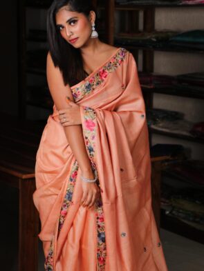 Tussar Silk Saree with Parsi Embroidery Online and draped women in picture