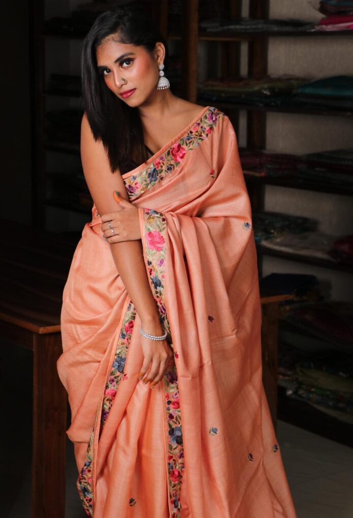 Tussar Silk Saree with Parsi Embroidery Online and draped women in picture