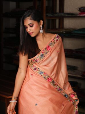 Tussar Silk Saree with Parsi Embroidery Online and draped women in picture