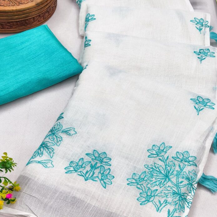 Linen Cotton Saree with Contrast Blouse – Elegant Embroidery Linen Saree
