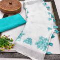 Linen Cotton Saree with Contrast Blouse – Elegant Embroidery Linen Saree