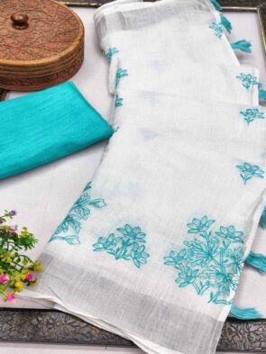 Linen Cotton Saree with Contrast Blouse – Elegant Embroidery Linen Saree