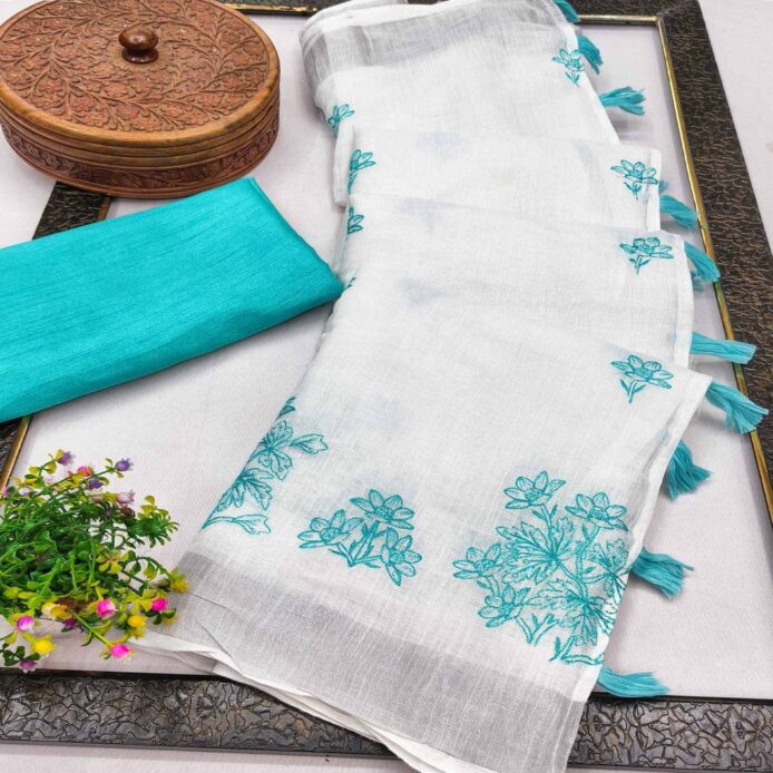 Linen Cotton Saree with Contrast Blouse – Elegant Embroidery Linen Saree